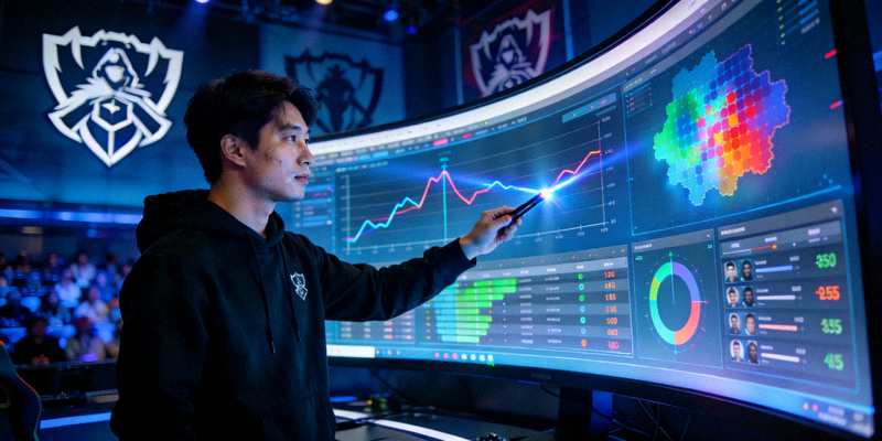 电竞数据分析师正在大屏幕前讲解复杂的比赛数据图表