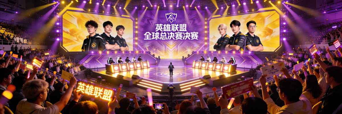 英雄联盟全球总决赛决赛现场盛况，观众座无虚席，舞台灯光璀璨